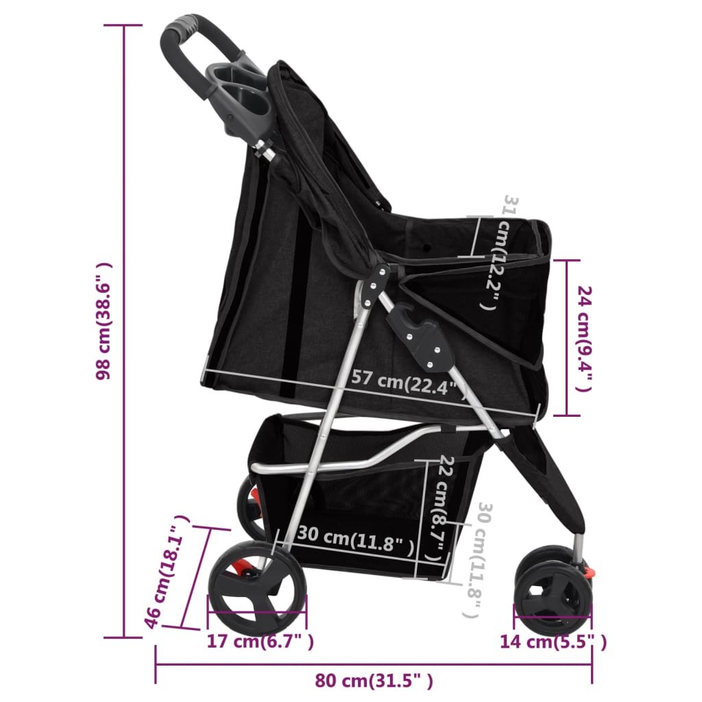 vidaXL Cărucior pliabil pentru câini negru 80x46x98 cm țesătură Oxford-14