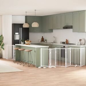 vidaXL Poartă câini pliabilă cu ușă, 9 panouri, alb, 450 cm, lemn plop-1