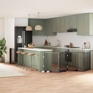 vidaXL Poartă câini pliabilă cu ușă 8 panouri negru 640 cm, lemn plop-1